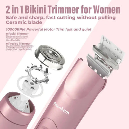 🚨 Pink GONE !! ACT FAST ⚡Bikini Trimmer for Women, Electric Shaver and Razor Rechargeable 2-in-1 Body and Facial Epilator, Underarms and Legs, IPX7 Waterproof